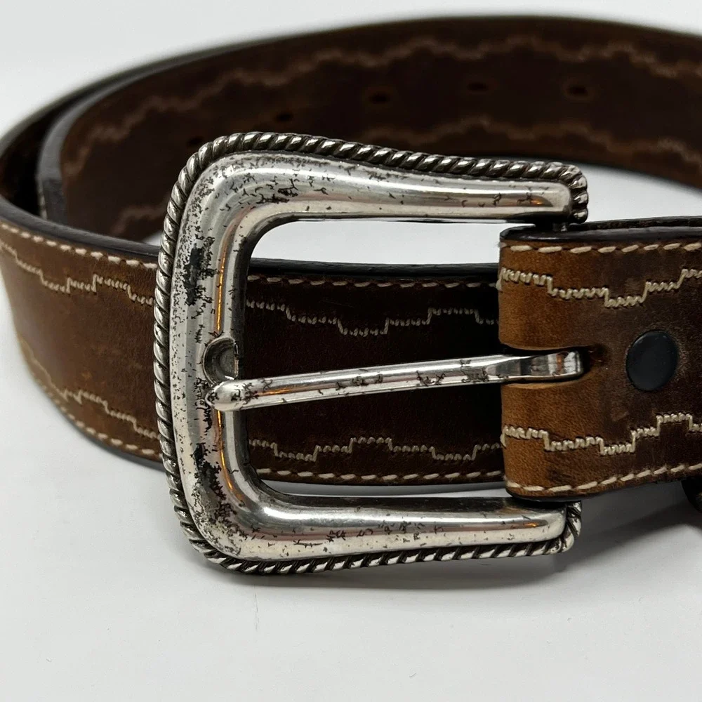 Tony Lama Brown Leather Western Belt Silver Buckle Women's Size 32 1459L - Picture 3 of 6